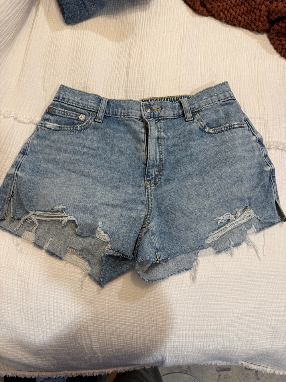 aerie Light Blue Distressed High-Rise Denim Shorts